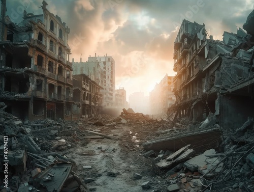 Post-Apocalyptic Cityscape with Ruined Buildings, A haunting cityscape of destruction, with the ruins of buildings under a dramatic sunset sky, evoking post-apocalyptic imagery.