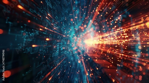 Explosive Data Speed in Network Fiber Optic, A visualization of explosive data speed, with fiery digital lines racing through a fiber optic network, depicting rapid data transfer.