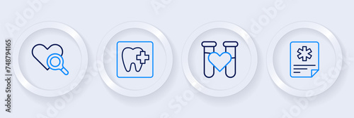 Set line Patient record, Test tube with blood, Dental clinic location and Medical heart inspection icon. Vector