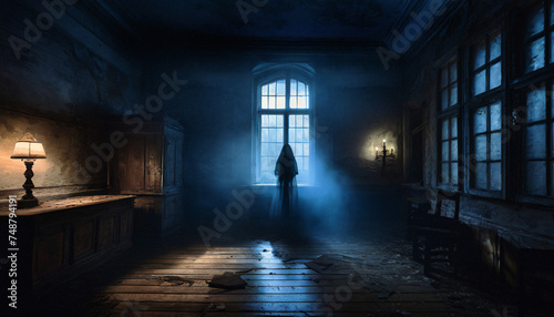 ghostly woman with veil in a dark room, in front of a window, horror and mystery atmosphere © Visualmind