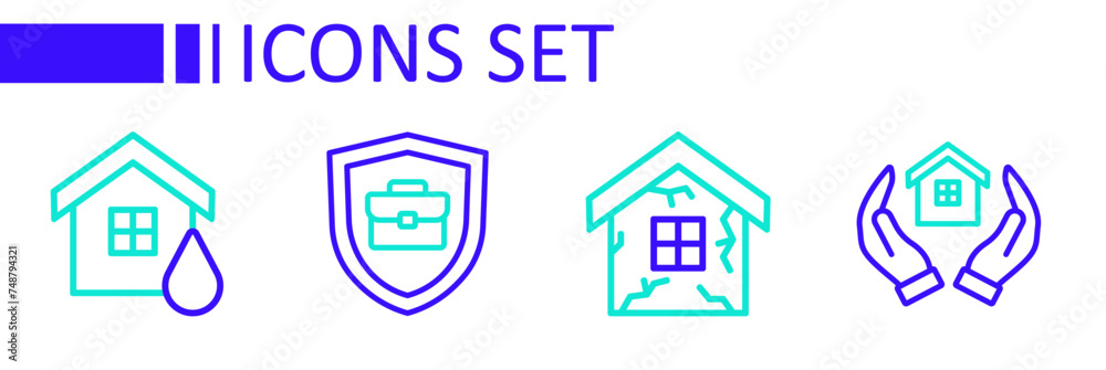 Set line House in hand, Briefcase with shield and flood icon. Vector Set line House in hand, Briefcase with shield and flood icon. Vector