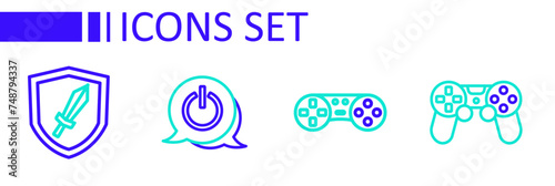 Set line Game controller or joystick, Power button and Sword for game icon. Vector