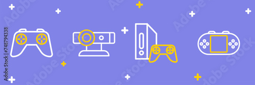 Set line Portable video game console, Game with joystick, Web camera and controller icon. Vector