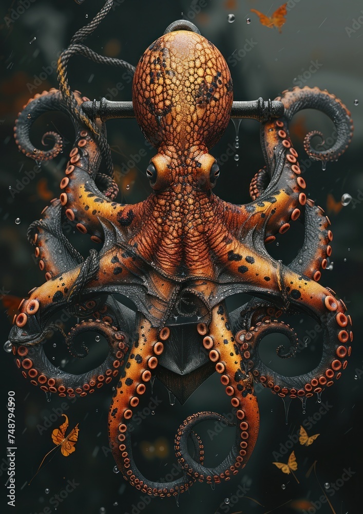 Fototapeta premium octopus wrapped around an anchor with a beautiful coral reef backdrop 