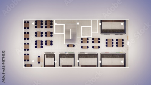 Isometric interior 2d floor plan 3d rendering of a fully furnished food court