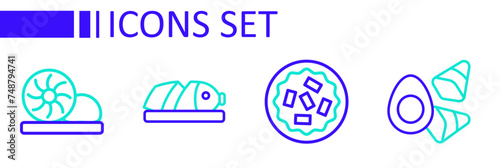 Set line Chicken egg with vegerables, Homemade pie, Fish sliced pieces and Xiao long bao icon. Vector