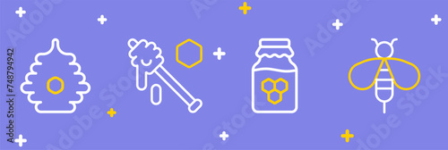 Set line Bee, Jar of honey, Honey dipper stick and Hive for bees icon. Vector