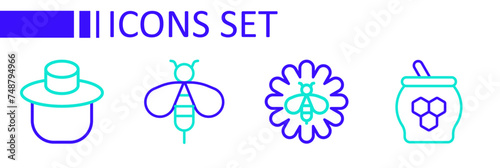 Set line Jar of honey and dipper stick, Bee flower, and Beekeeper with protect hat icon. Vector