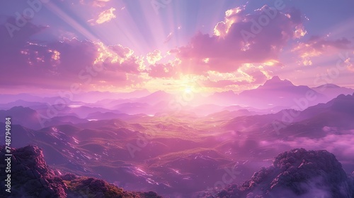 Majestic sunrise over a misty mountain range with radiant clouds in the sky