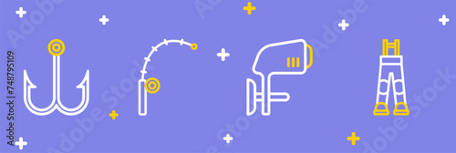 Set line Fisherman pants, Outboard boat motor, Fishing rod and icon. Vector