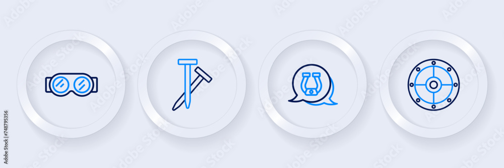 Set line Round shield, Horseshoe, Metallic nails and Welding glasses icon. Vector Set line Round shield, Horseshoe, Metallic nails and Welding glasses icon. Vector