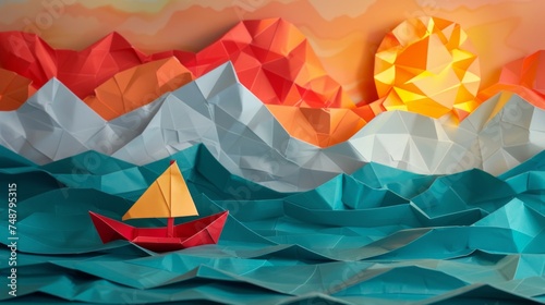 Origami seascape, a striking red origami sailboat with a yellow sail navigates through blue paper waves, against a backdrop of a warm paper sunrise