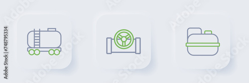 Set line Canister for gasoline, Oil pipe with valve and railway cistern icon. Vector