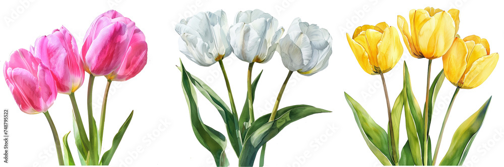 Pink, white  & Yellow tulips isolated on a transparent or white background, PNG