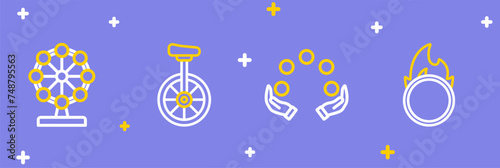 Set line Circus fire hoop, Juggling ball, Unicycle and Ferris wheel icon. Vector