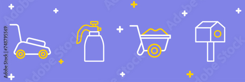 Set line Bird house, Wheelbarrow, Garden sprayer for water and Lawn mower icon. Vector