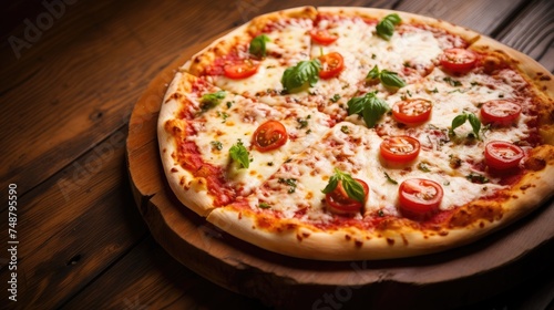 Margherita pizza on wooden surface