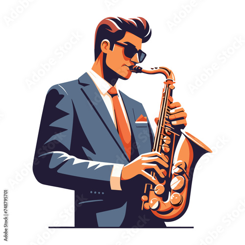 Musician playing saxophone, music player performing solo, holding sax instrument in hands, man saxophonist, jazz and blues performance. Flat vector illustration isolated on white background