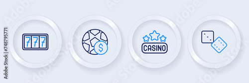 Set line Game dice, Casino signboard, Football betting money and Slot machine with jackpot icon. Vector