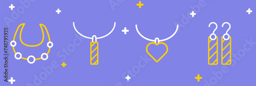 Set line Earrings, Necklace with heart shaped, Pendant on necklace and icon. Vector