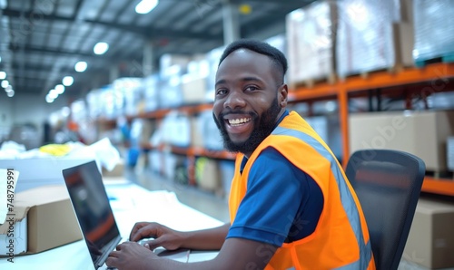 Middle aged african american warehouse distribution logistic deliery centre manager or employee preofessional smiling at camera with toothy smile surrounded with shelves with cardboard boxes photo