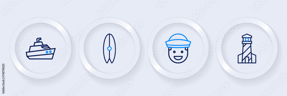 Set line Lighthouse, Sailor, Surfboard and Speedboat icon. Vector