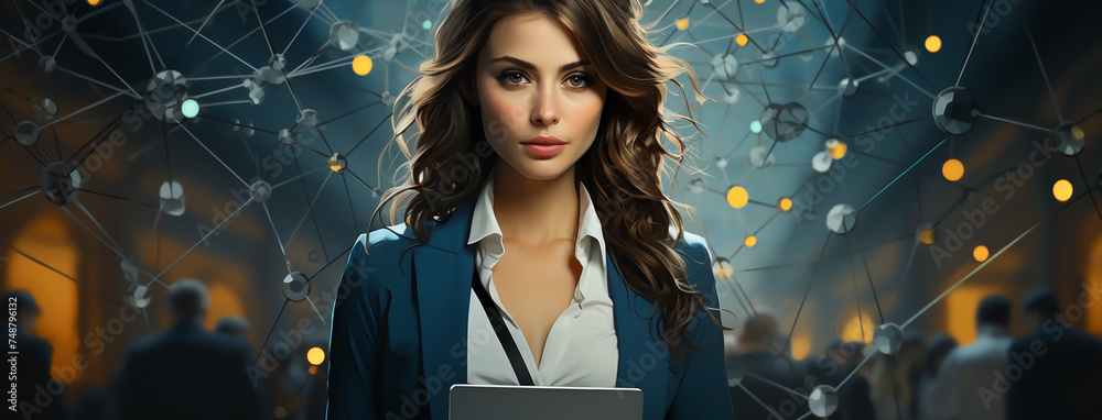 Wide illustration drawing of cute pretty business news presenter woman looking at the camera holding a tab computer on her hand in colorful lines and dots digital futuristic technological background  - obrazy, fototapety, plakaty 