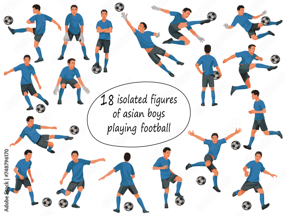 Vector figures of Thai or Japanese teenage football players and goalkeepers in blue T-shirts in various poses on a white background