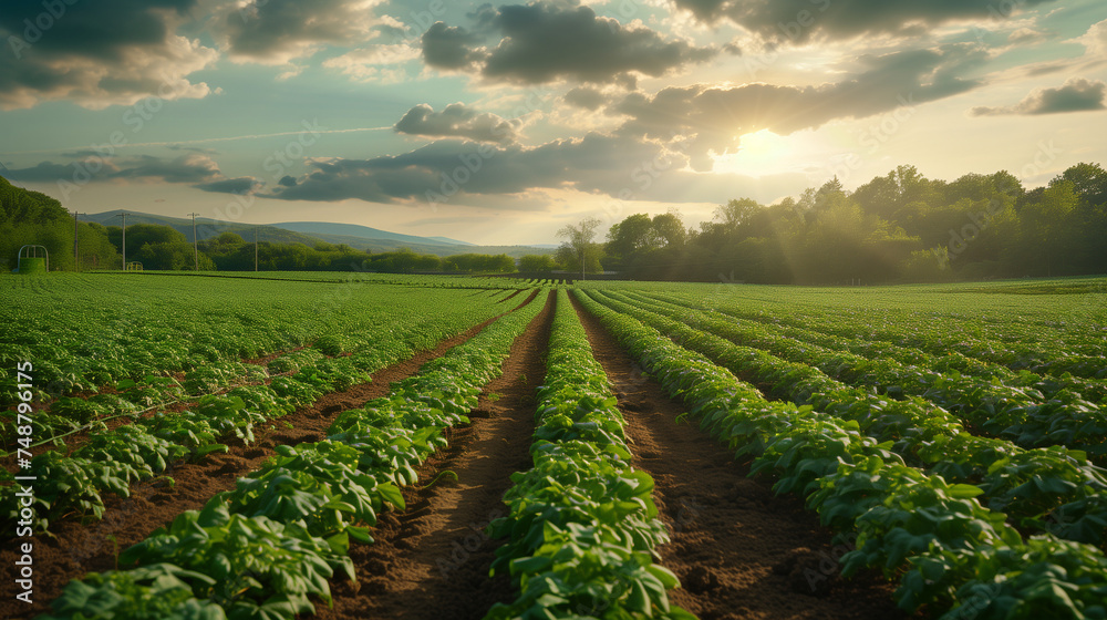 The seedling are growing from the rich soil to the morning sunlight that is shining, ecology concept. Young plant springing up out of the soil. smart farm grain field. Agriculture production concept. 