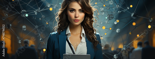 Wide illustration drawing of cute pretty business news presenter woman looking at the camera holding a tab computer on her hand in colorful lines and dots digital futuristic technological background 