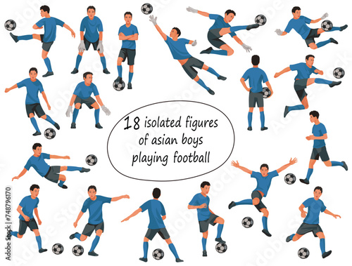 Vector figures of Thai or Japanese teenage football players and goalkeepers in blue T-shirts in various poses on a white background