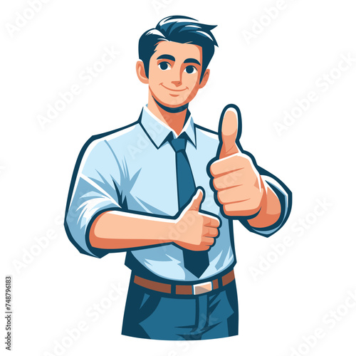 Man giving thumbs up vector illustration, happy guy showing OK gesture, approval sign, positive emotion, work done sign design template isolated on white background