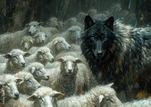 Dark gray wolf and flock of white sheep. canin lupus will prey on a cornered flock of sheep