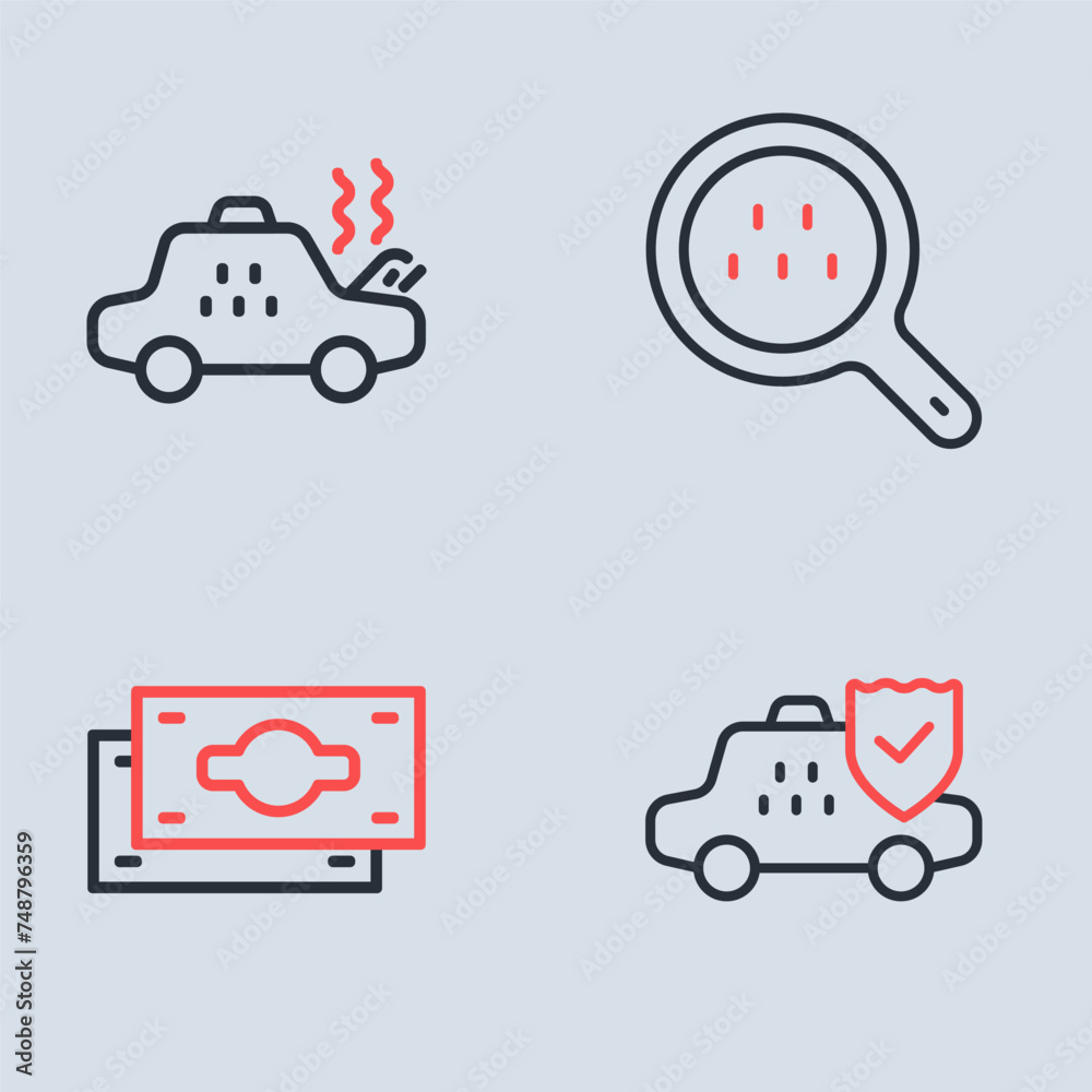 Fototapeta Set line Search taxi, Stacks paper money cash, Taxi car insurance and Broken icon. Vector