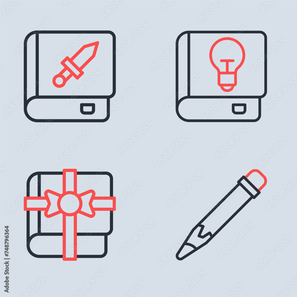 Set line User manual, Book as gift, Pencil with eraser and about weapon icon. Vector Set line User manual, Book as gift, Pencil with eraser and about weapon icon. Vector