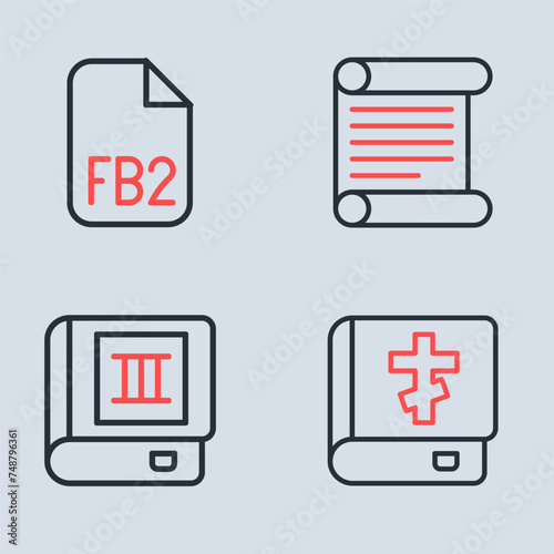 Set line Decree, parchment, scroll, Book, Holy bible book and FB2 File icon. Vector