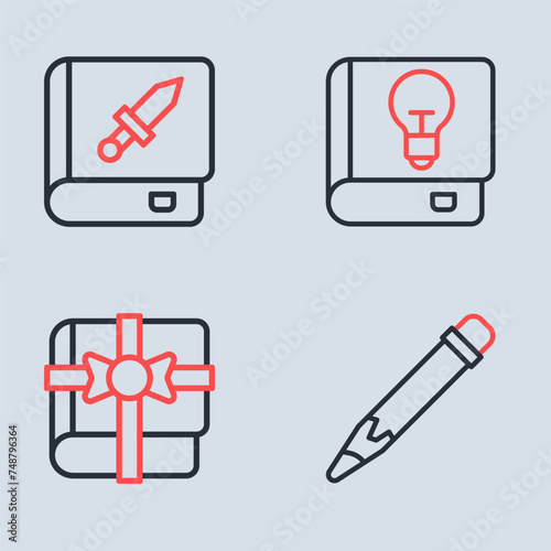 Set line User manual, Book as gift, Pencil with eraser and about weapon icon. Vector