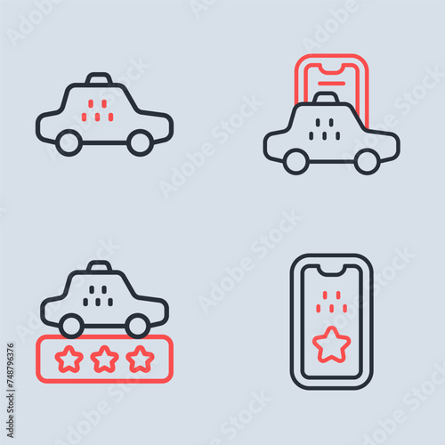 Set line Taxi mobile app, service rating, and car icon. Vector