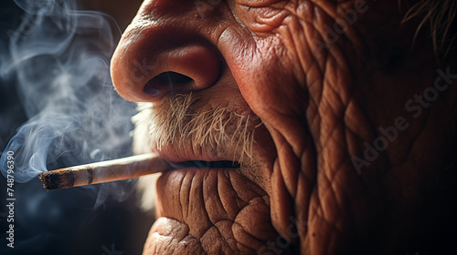 A close-up the mouth of an elderly person, lips slightly parted as they exhale a stream of cigarette smoke. photo