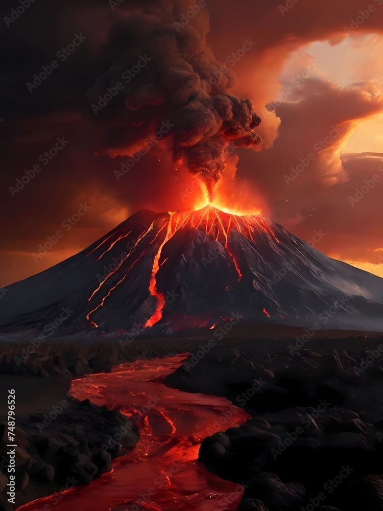 volcano with its hot red lava turns sky red 