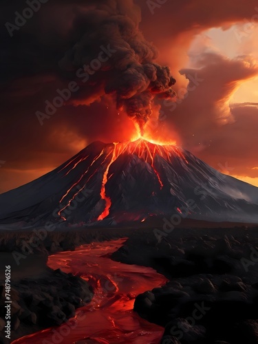 volcano with its hot red lava turns sky red 