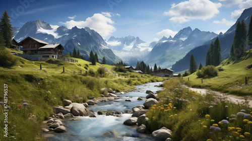 A hut in the middle of a meadow  mountains  and sky.