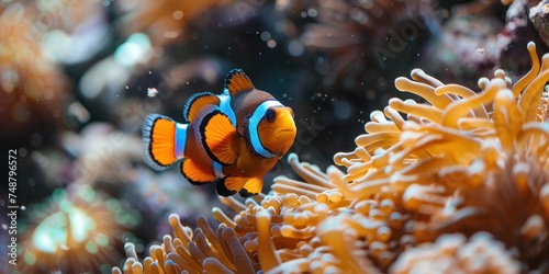 Close up Amphiprion ocellaris clownfish in an anemone in its house. wallpaper.