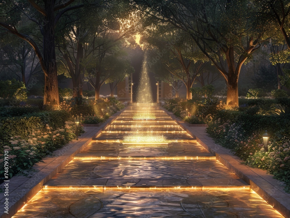 A serene garden at twilight during Ramadan, with pathways lined by glowing Quranic verses etched into stone.