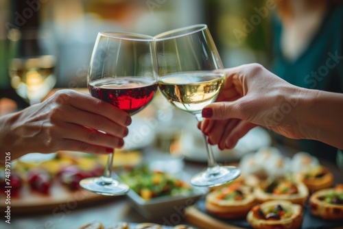 A close-up of hands toasting with glasses of red and white wine over a table with appetizers.
