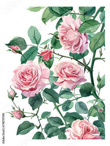 a watercolor painting of roses and green leaves
