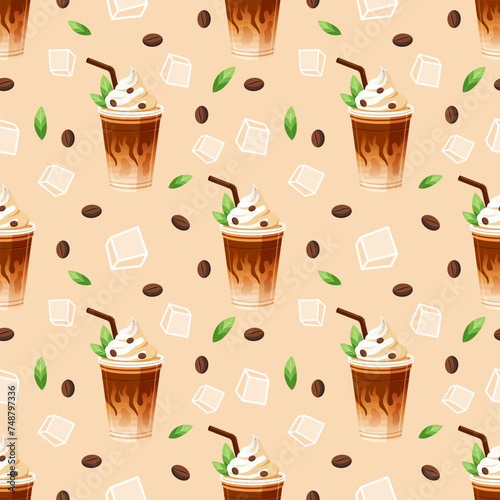 Cup of coffee seamless pattern. Frappe with cream, grated chocolate and mint leaves. Cold brew coffee (cappuccino, latte). Great for, wrapping paper, scrapbooking, fabric and backgrounds. Vector