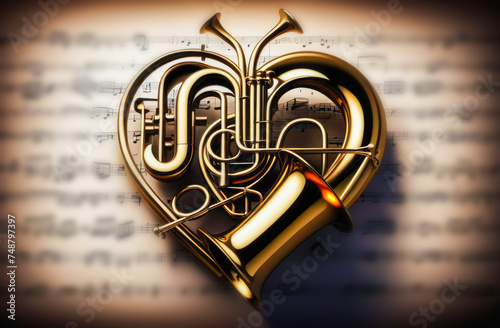 metal heart, made from parts of wind jazz musical instruments against the background of a page with notes, top view