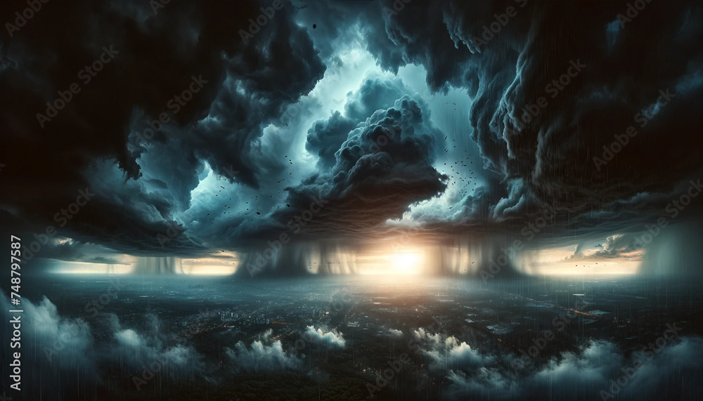 A panoramic view of a dramatic sky filled with dark, heavy rain clouds. Raindrops are seen falling from the sky, with occasional flashes of lightning