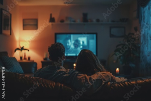 A couple sitting on a couch watching television in a dimly lit room.